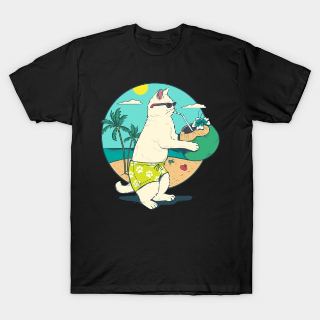 Kawaii Hawaii Aloha Cat Coconut Beach Summer Vacation T-Shirt by anubis1986